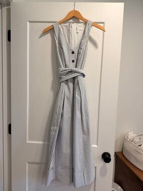 1901 Blue and White Striped V-Neck Tie-Waist Wide Leg Jumpsuit